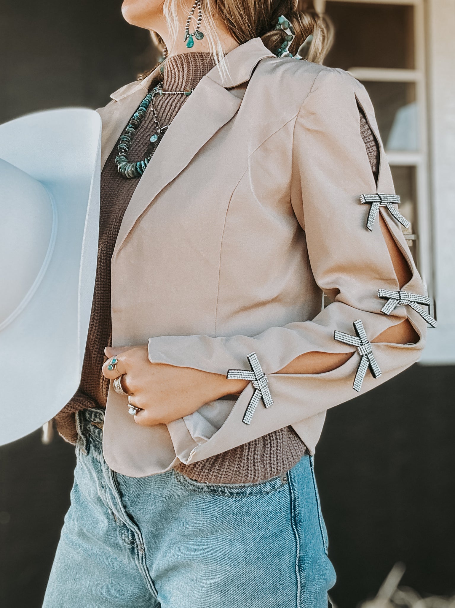 Rhinestone Bow Blazer